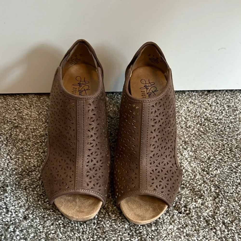 Peep-Toe Laser-Cut Brown Women's Booties